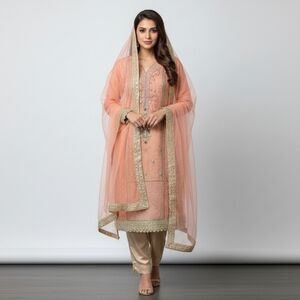 Women's Pakistani Indian 3-Piece Salwar Kameez Outfit, Peach